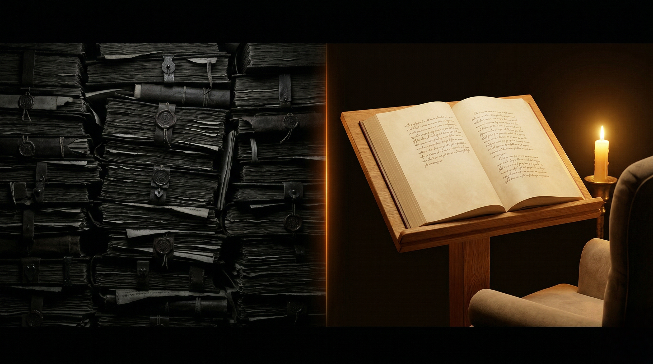 Before and After — dense academic text transformed into accessible prose, connected by an amber beam of light